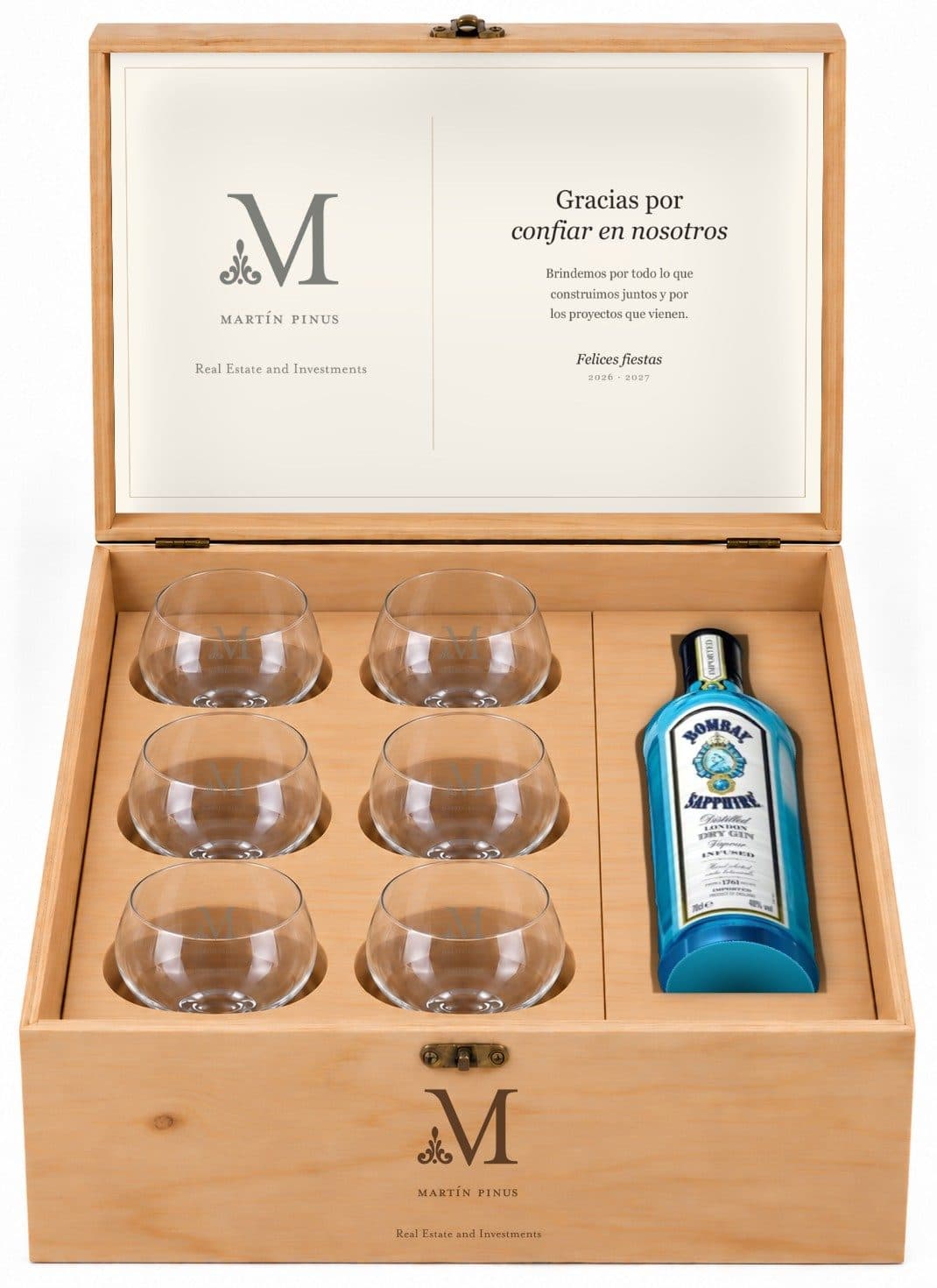 Baúl de gin con 6 copones grabados: caso Martín Pinus — caja corporativa personalizada para Martín Pinus Real Estate and Investments — foto 2