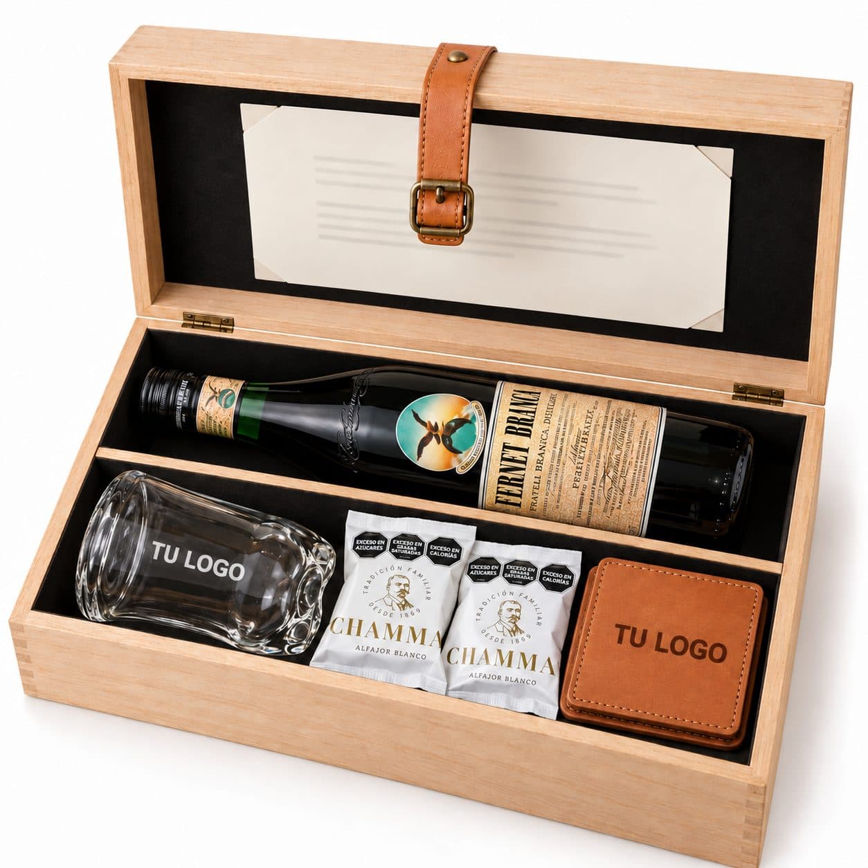 Box cordobés con talabartería: posavasos y cierre de suela — caja corporativa personalizada con logo grabado a láser