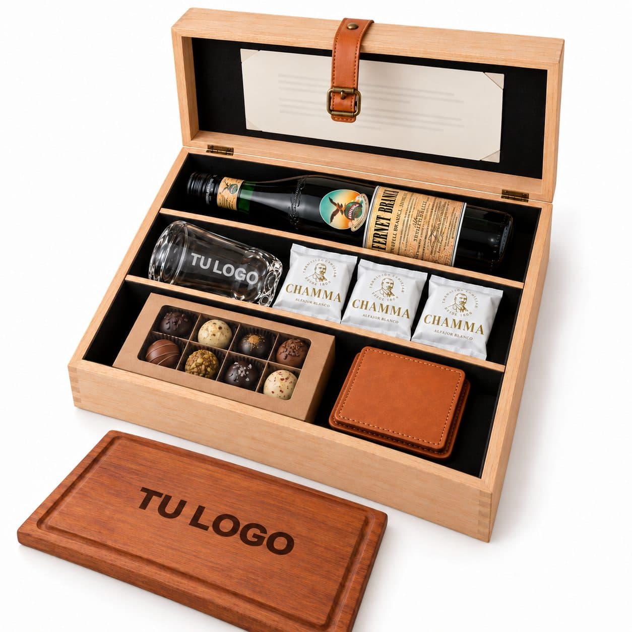 Box cordobés Sierras de Córdoba con bombones y tabla — caja corporativa personalizada con logo grabado a láser