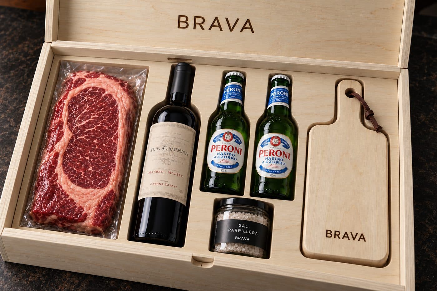 Caja premium para un restaurante de carnes: caso BRAVA — caja corporativa personalizada para BRAVA