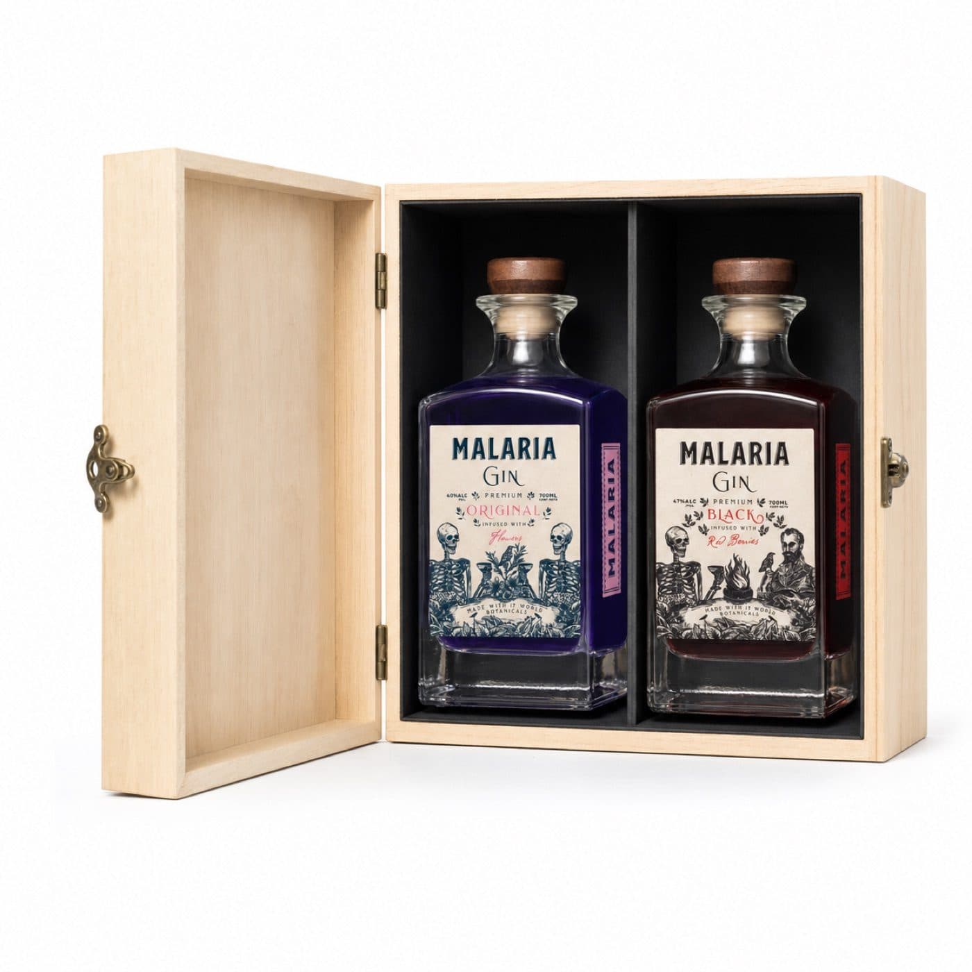Estuche de madera para gin: botella y copón o dos botellas — caja corporativa personalizada para Malaria Gin — foto 2