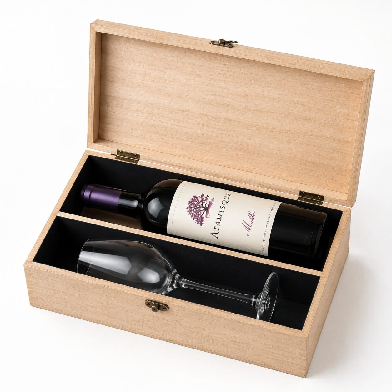 Estuche de madera para botella y copa con logo pirograbado — caja corporativa personalizada para Bodega Atamisque