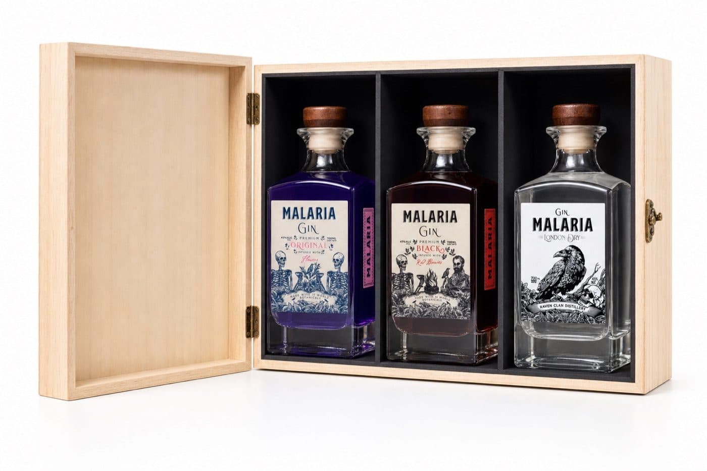 Estuche de madera para tres botellas de gin con divisores — caja corporativa personalizada para Malaria Gin