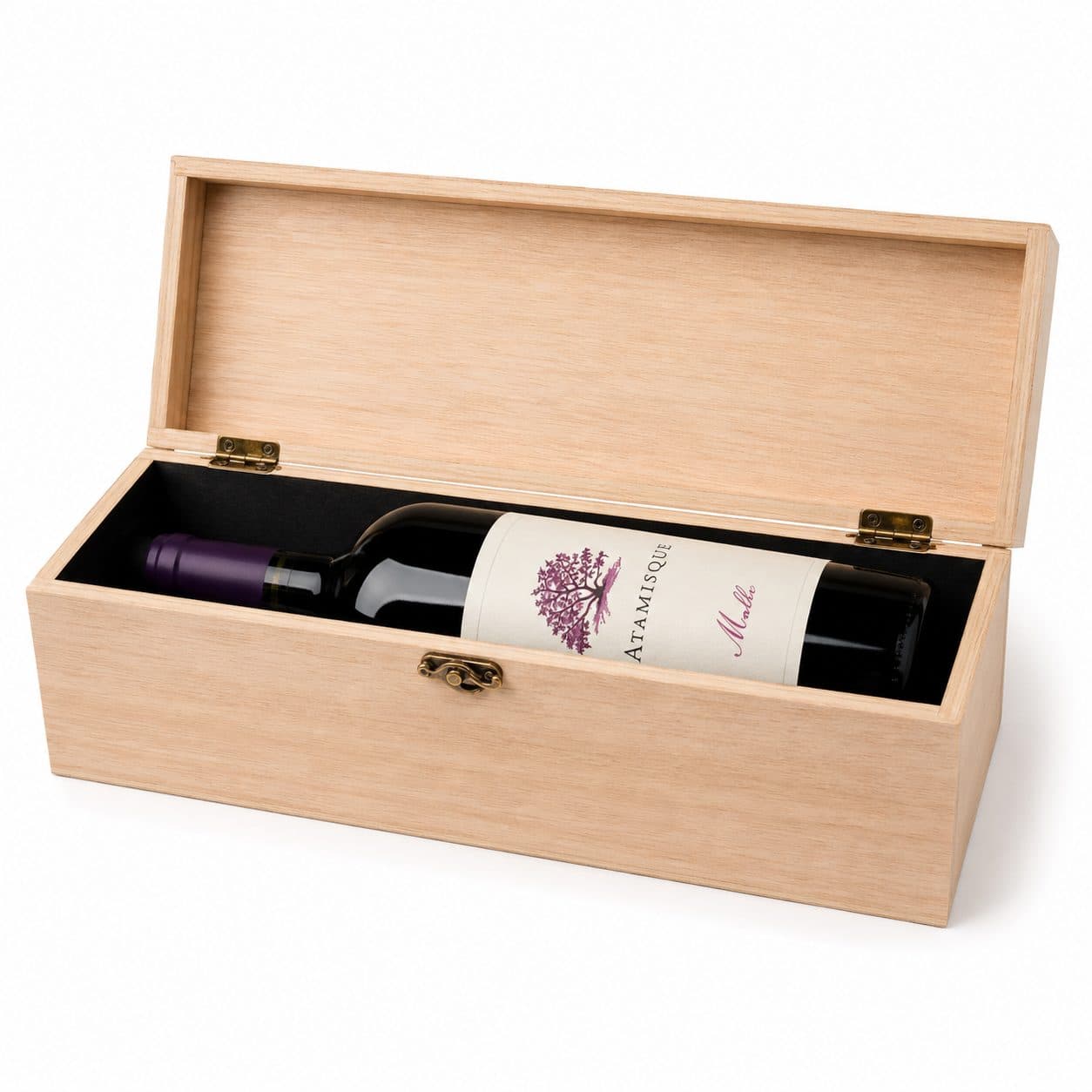 Estuche de madera para una botella de vino con logo pirograbado — caja corporativa personalizada para Bodega Atamisque