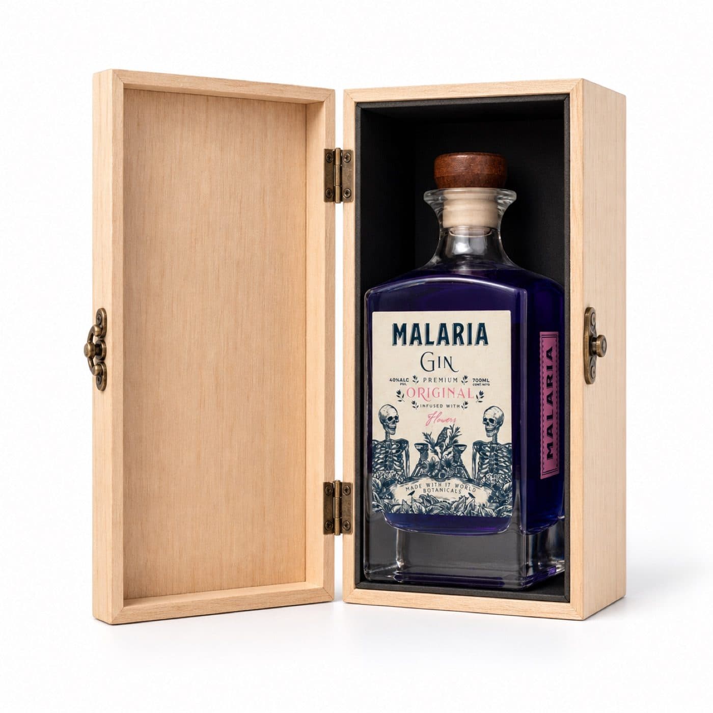 Estuche de madera para una botella de gin: línea Malaria — caja corporativa personalizada para Malaria Gin