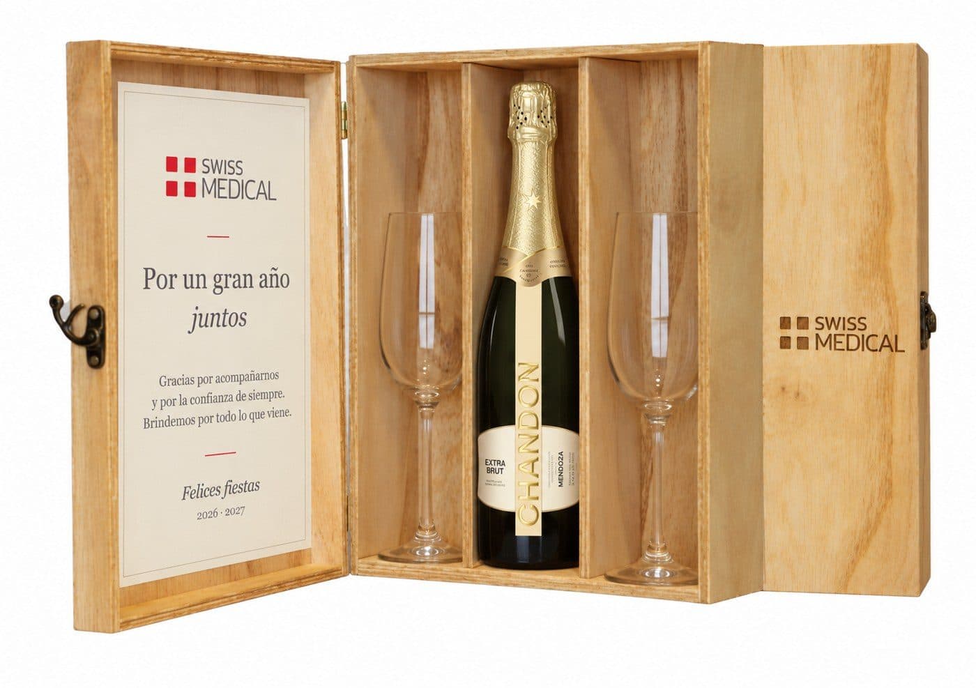 Kit de champagne con 2 copas grabadas en estuche de madera — caja corporativa personalizada para Swiss Medical Seguros