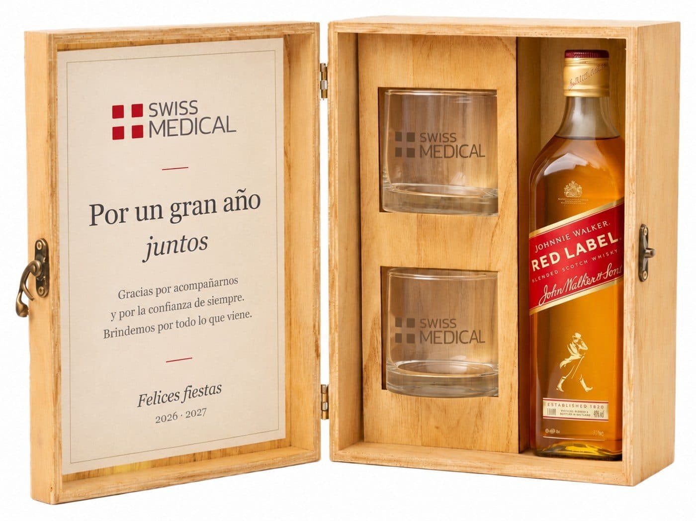 Kit de whisky con 2 vasos grabados en estuche de madera — caja corporativa personalizada para Swiss Medical Seguros