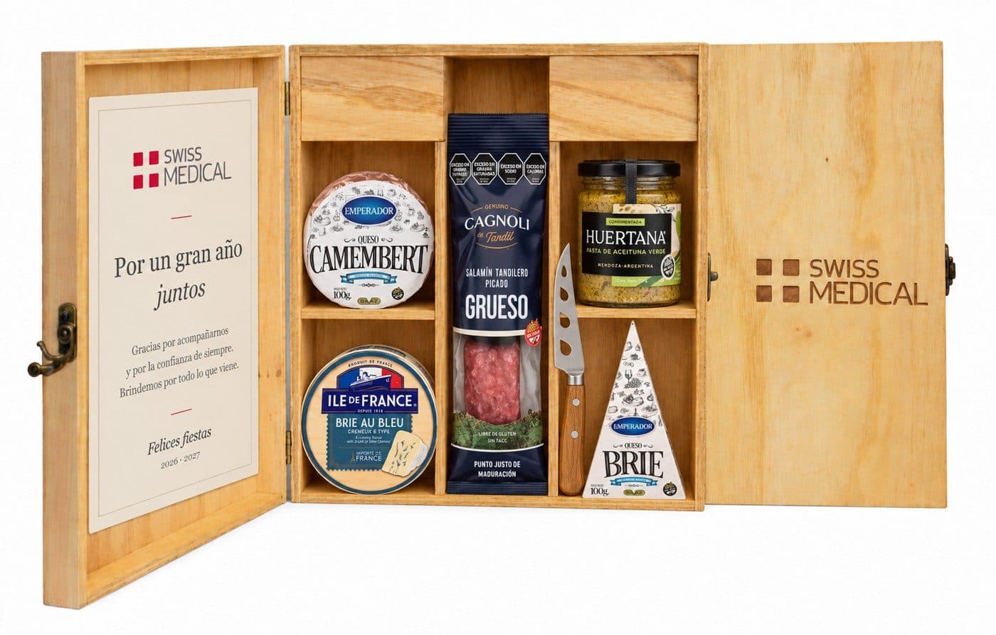 Picada de quesos y fiambres en estuche de madera con logo — caja corporativa personalizada para Swiss Medical Seguros